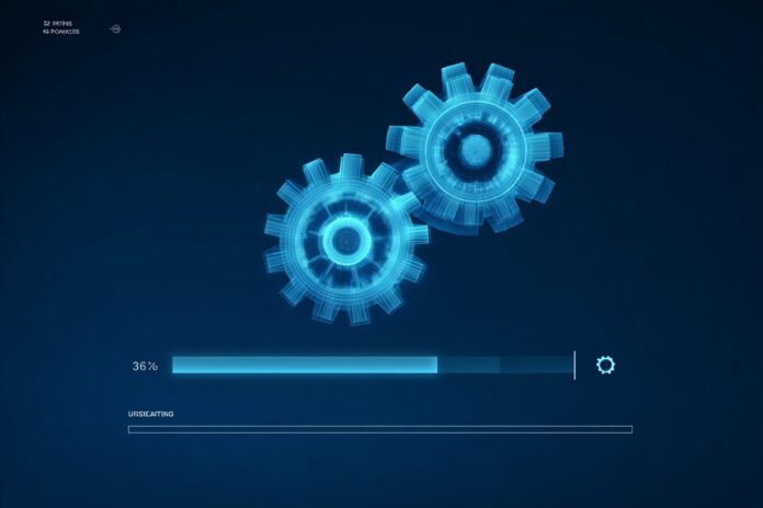 Windows 10 update progress screen with gears and a progress bar.