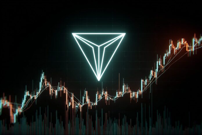 TRON logo on a rising chart background, signifying price breakout momentum.