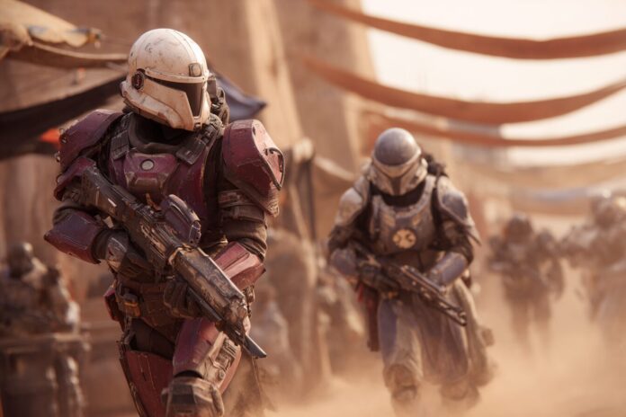 Epic firefight between Destiny 2 Guardians and armored troopers in a Star Wars-inspired desert outpost