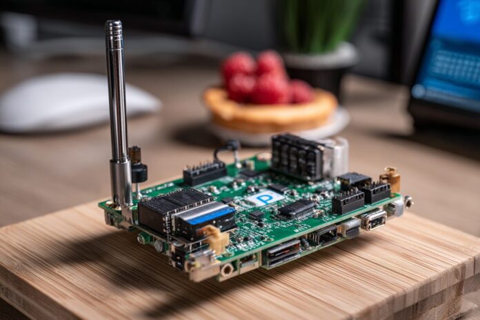 Raspberry Pi 4B with Wi-Fi antenna on a desk
