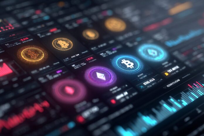 Futuristic digital crypto exchange interface with abstract coin icons and market data screens.
