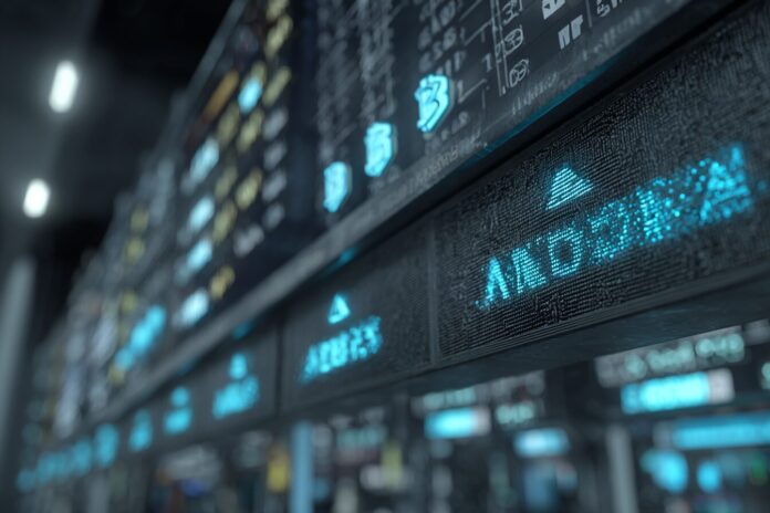 A digital rendering of a crypto company celebrating its initial public offering on a NASDAQ-like board, with blockchain symbols in the background.