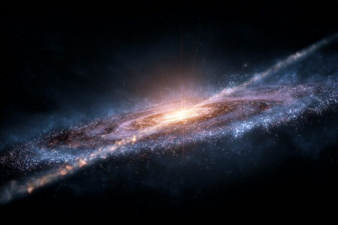 Calvera pulsar in the sparse regions above the Milky Way plane, illustrated as a bright object speeding away from a supernova remnant in dark space.