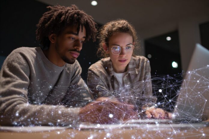 Young founders collaborating on artificial intelligence interface