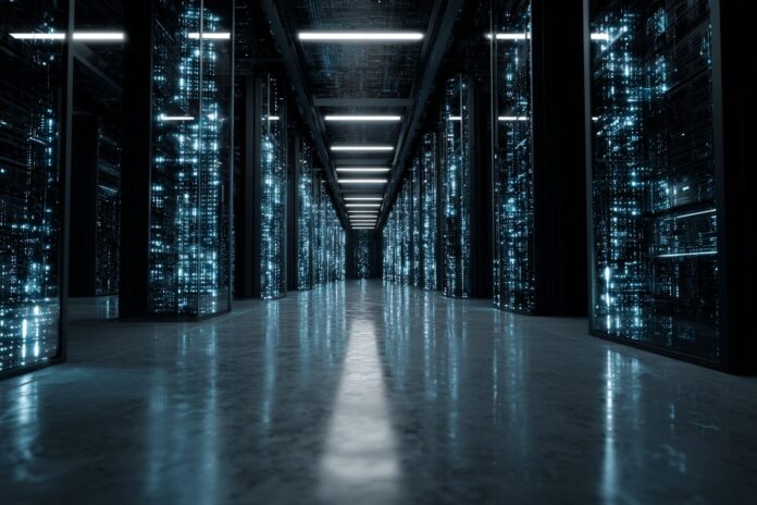 Conceptual illustration of a futuristic AI data center in the UK