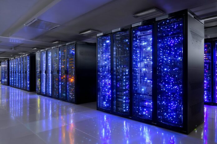 Huawei data center with AI computing cluster racks glowing with blue LED lights