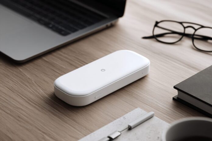 A sleek, minimalist AI-powered device designed without a traditional screen, blending into a modern workspace.
