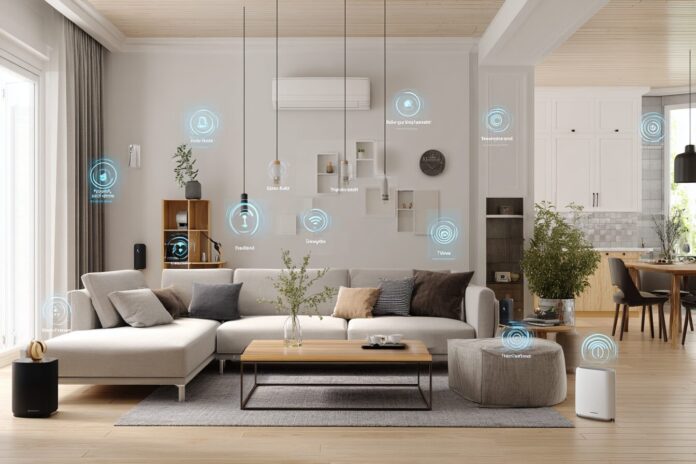 A modern living room with various smart home devices like lights, security cameras, and speakers visibly connected.