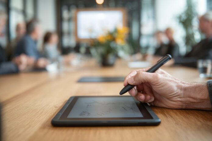 A hand holding the ReMarkable 7-inch E Ink tablet with pen above a meeting table