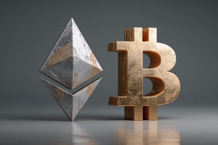 Ethereum and Bitcoin logo side-by-side, representing the possibility of Ether flipping Bitcoin.