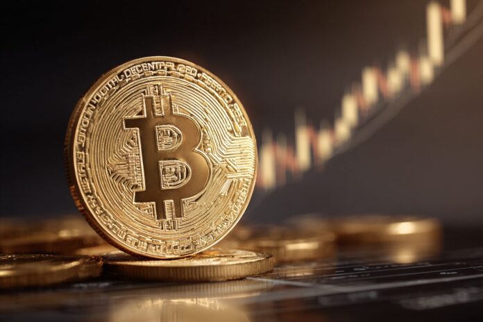 A digital gold coin with Bitcoin logo soaring above financial charts, symbolizing Bitcoin’s rally to $116,000.