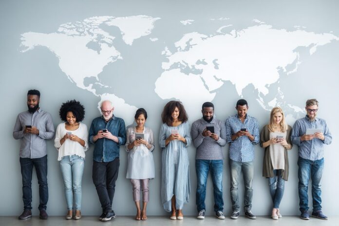 A diverse group of people using digital devices, representing global access to AI technology.