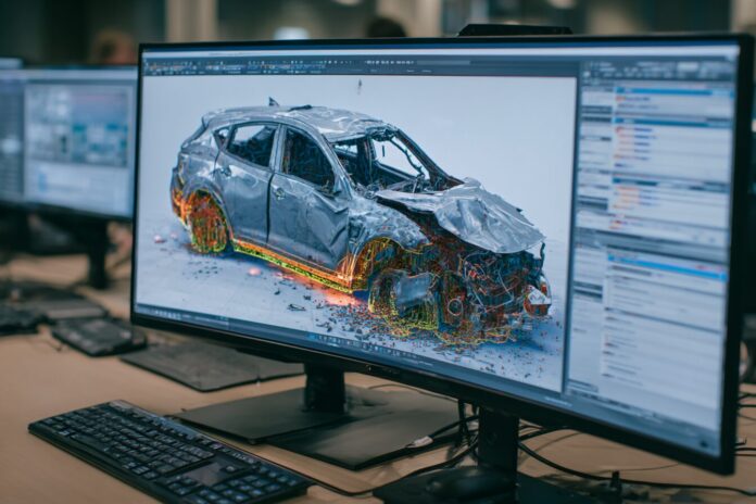 Automated AI-driven CAE simulation interface visualizing vehicle crash results.