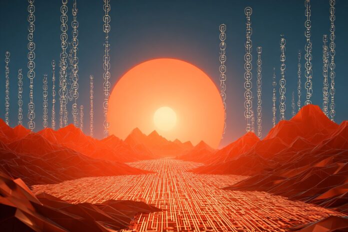 The digital sun rises over a futuristic, ultra-fast blockchain network symbolizing Solana's Alpenglow upgrade