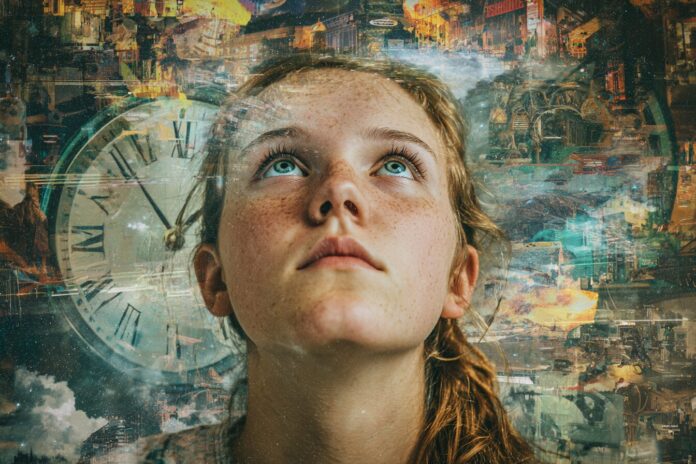 Teenage girl immersed in vivid memories and futuristic visions, with surreal layers symbolizing time travel.