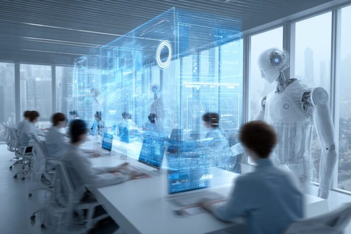 A futuristic enterprise office environment featuring AI automation in action, with professionals collaborating alongside digital AI interfaces and dashboards.