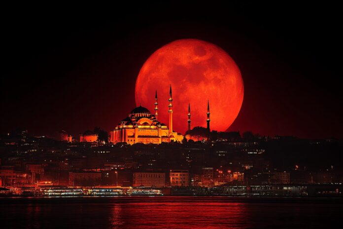Bright red lunar eclipse over Istanbul skyline