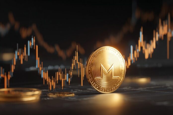 A digital concept image of MemeCore coin and crypto graphs with a bullish trend.