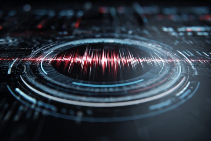 A digital soundwave overlays a futuristic control dashboard representing AI-driven audio