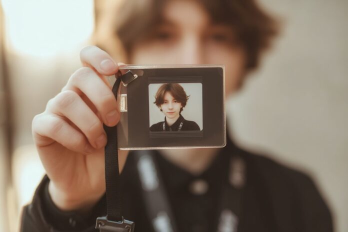 Person holding an ID card and taking a selfie for verification.
