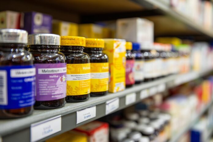 Variety of melatonin supplement bottles and boxes on a pharmacy shelf