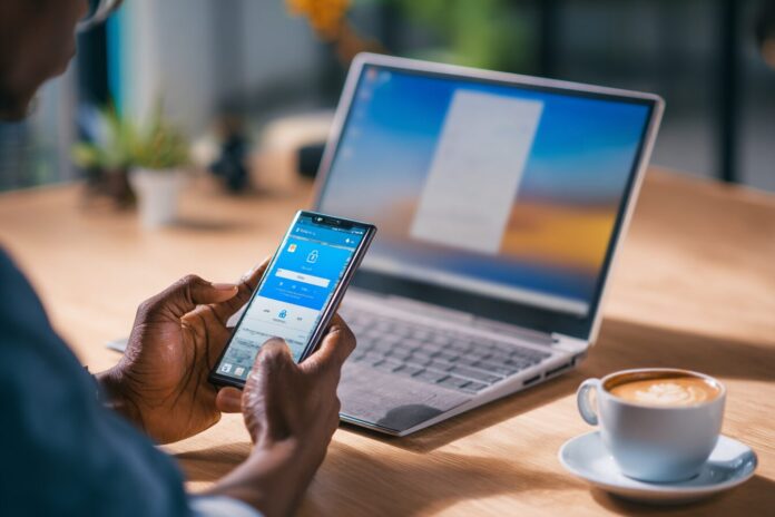 A person using the Microsoft Authenticator app on their phone while logging into the Azure Portal from a laptop