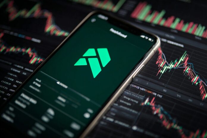 Robinhood's logo displayed on a smartphone, with stock charts in the background