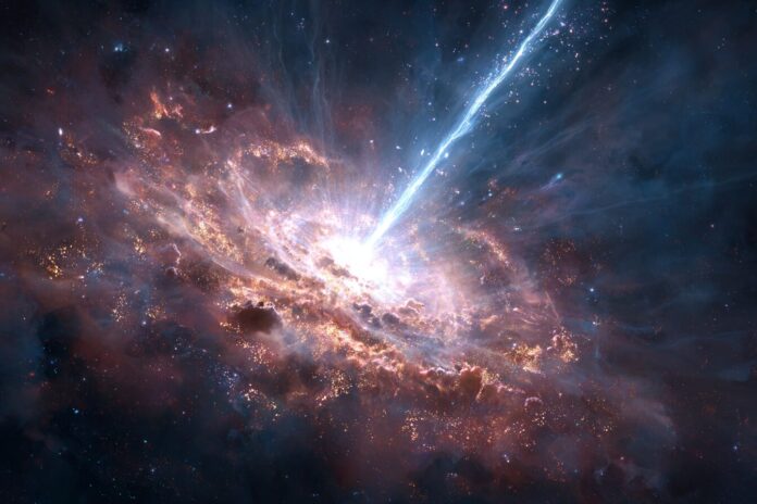 Artist's visualization of a powerful gamma-ray burst emanating from a distant galaxy.