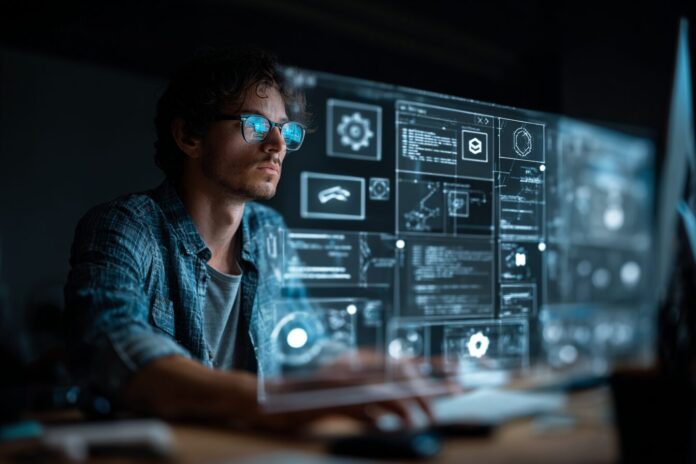 AI developer at computer interface in conceptual sandbox environment with digital regulatory icons