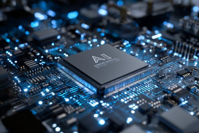 A close-up of an advanced AI inference chip mounted on a motherboard, with blue LED lights illuminating the circuitry.