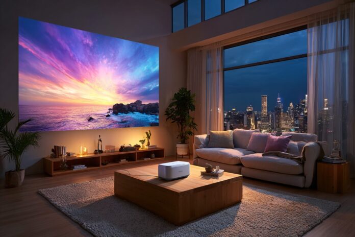 Samsung Freestyle 2nd Gen projector on a table in a living room projecting on the wall