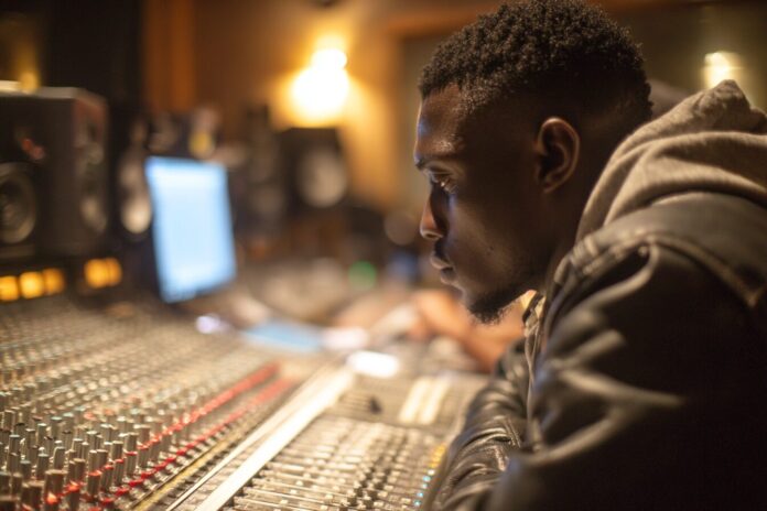 Pop songwriter EJAE at a studio console, collaborating on music for an animated film