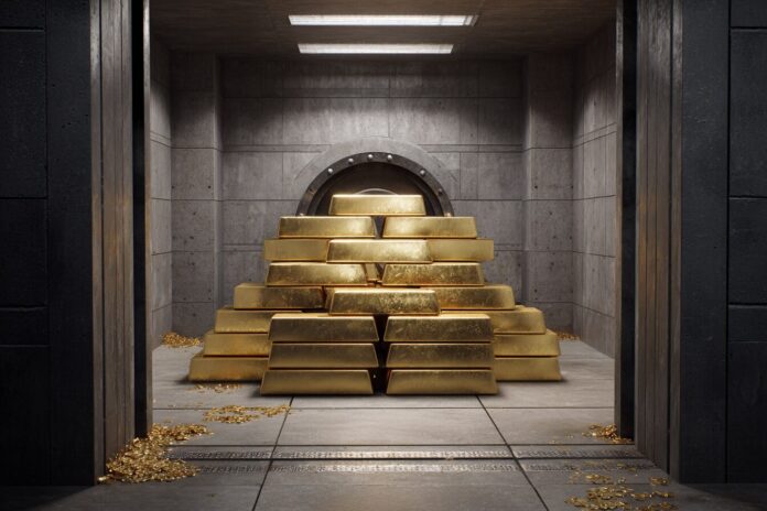 Gold bars stacked in a vault representing Tether's reserves.