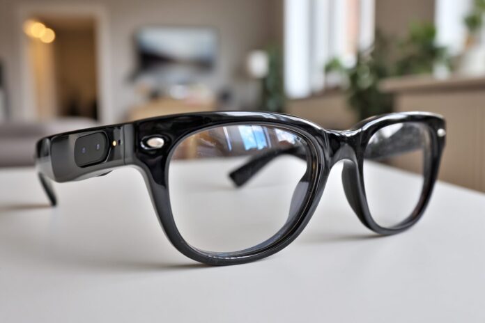 Ray-Ban Meta Wayfarer smart glasses in shiny black frame resting on a white table.