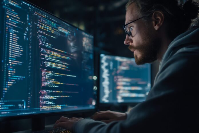 A software engineer reviews AI-generated code and error messages on a screen, highlighting the risks of model hallucinations in software development.