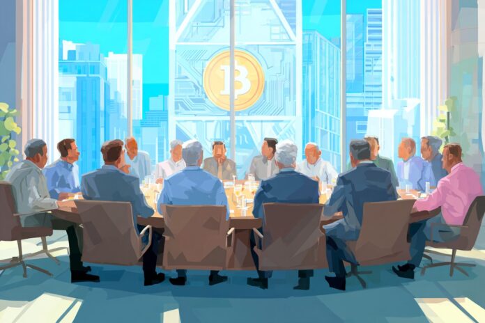SEC leaders meeting with executives from AI and crypto tech companies around a conference table.