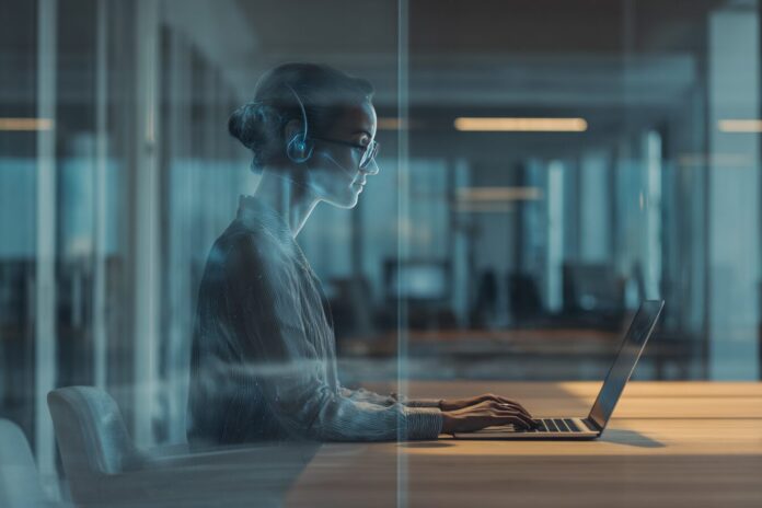 A professional working alongside a virtual AI avatar representing themselves in a modern office environment.