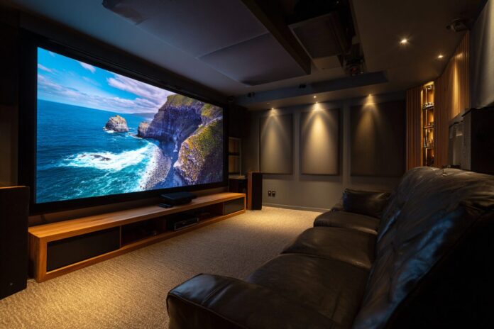 VisionMaster Max 4K RGB Triple Laser projector setup in a modern home cinema room