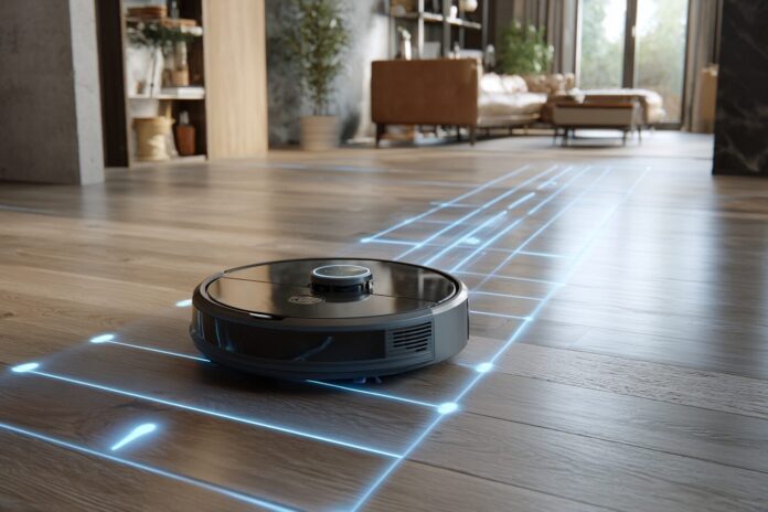 Modern robot vacuum moving around in a stylish home with visible sensors and boundary markers.