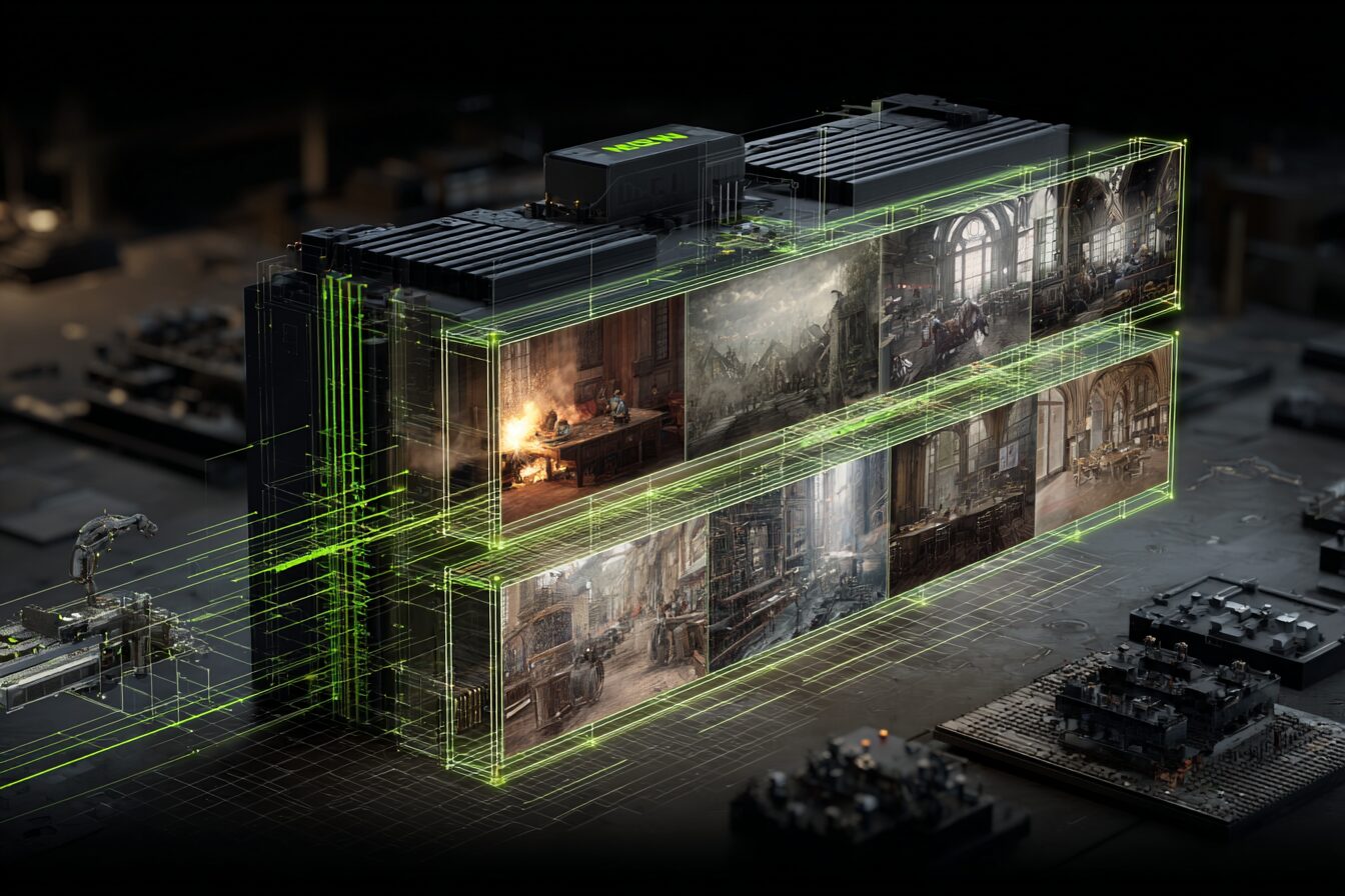 Conceptual visualization of NVIDIA NitroGen AI model controlling multiple video games from raw frames