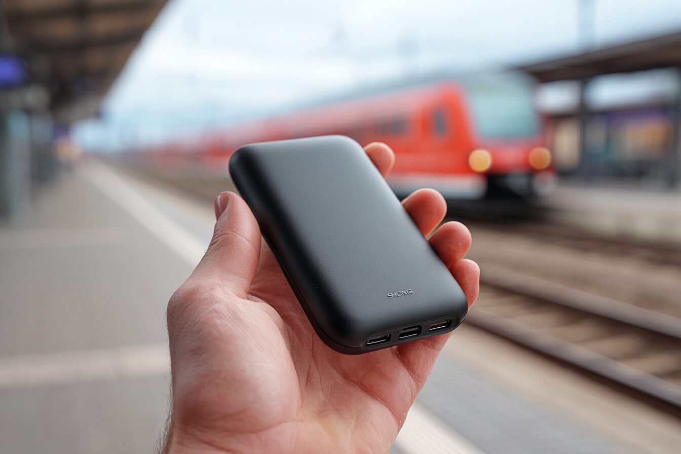 Slim Anker PowerCore Slim 10000 power bank held in hand during travel