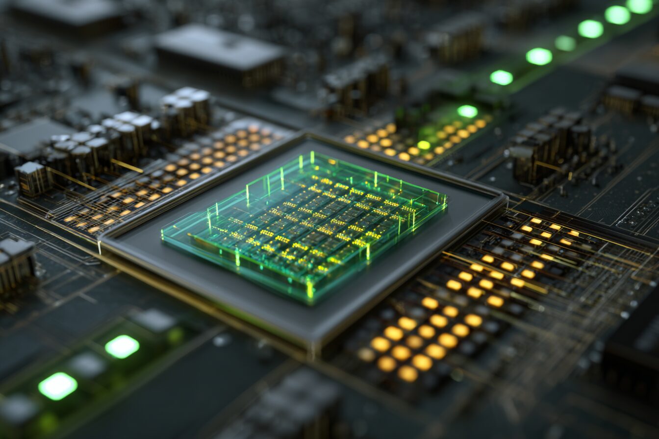 Photorealistic close-up of NVIDIA Blackwell GPU chip with glowing tile-based data structures overlay representing CUDA Tile integration flowing into Triton code environment