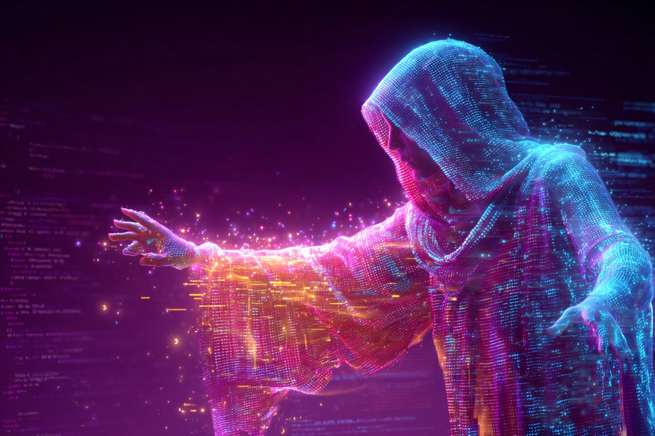 Vibrant digital wizard casting CSS spells with glowing code symbols and futuristic web elements floating in neon-lit cyberspace.
