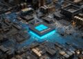 Photorealistic close-up of a Windows 10 PC motherboard with glowing blue recovery partition highlighted amid circuit chaos representing fixed WinRE.