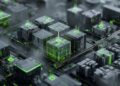 Photorealistic image of futuristic serverless cloud infrastructure with glowing NVIDIA GPU nodes and Amazon Bedrock interface elements representing Nemotron 3 Nano deployment