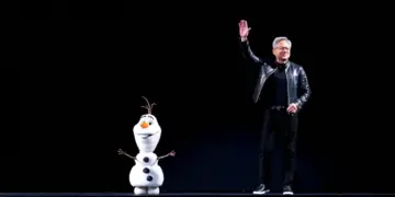 Photorealistic image of Robot Olaf from Disney's Frozen standing onstage with NVIDIA CEO Jensen Huang during GTC keynote, surrounded by cheering audience and holographic AI displays.