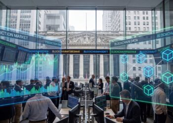 Modern trading floor with holographic prediction market charts overlaying NYSE facade and blockchain elements