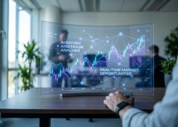 Futuristic digital dashboard displaying glowing prediction market charts with AI neural networks overlay analyzing arbitrage opportunities in real-time.
