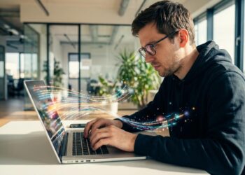 Developer coding on laptop with colorful API data streams flowing from screen representing free web APIs integration