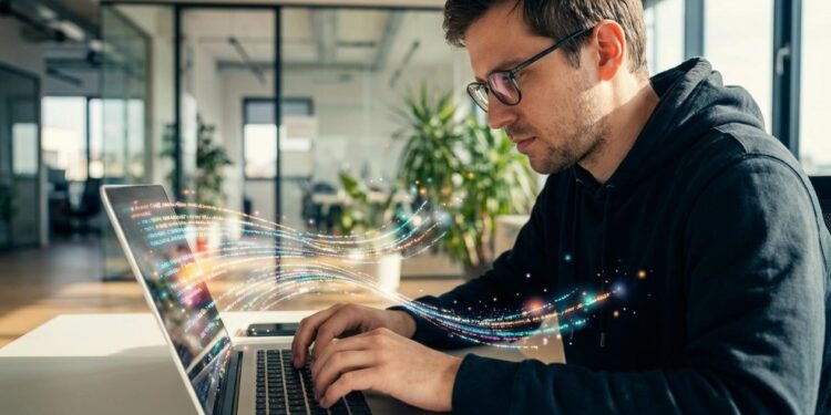 Developer coding on laptop with colorful API data streams flowing from screen representing free web APIs integration